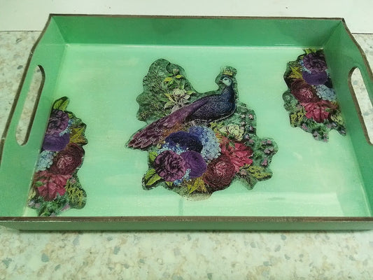 MDF TRAY WITH RESIN COATED  ( Heart shape handles ) 15" X 10" x 3"