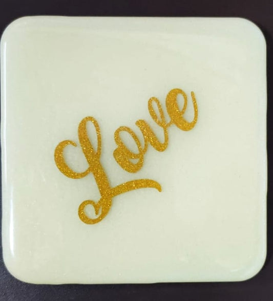 RESIN COASTER  4" SQUARE WITH BOX ( love )