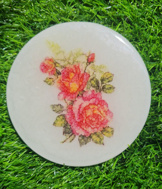 RESIN COASTER  4" ROUND WITH BOX ( flowers )